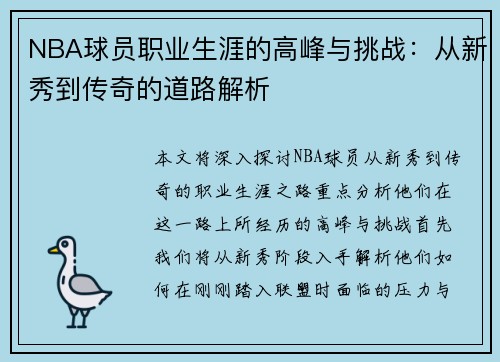 NBA球员职业生涯的高峰与挑战：从新秀到传奇的道路解析